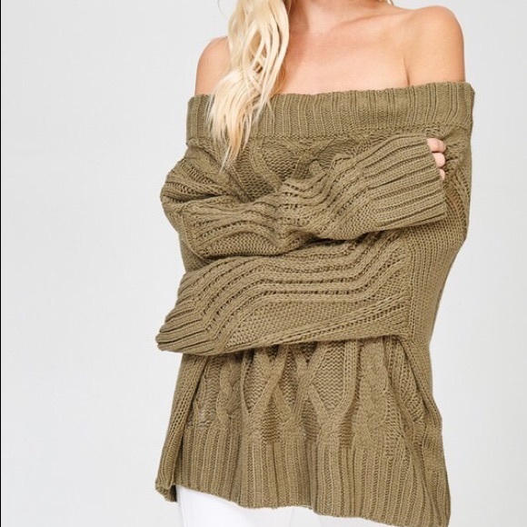 Off The Shoulder Cable Sweater- OLIVE - Picture 7 of 8